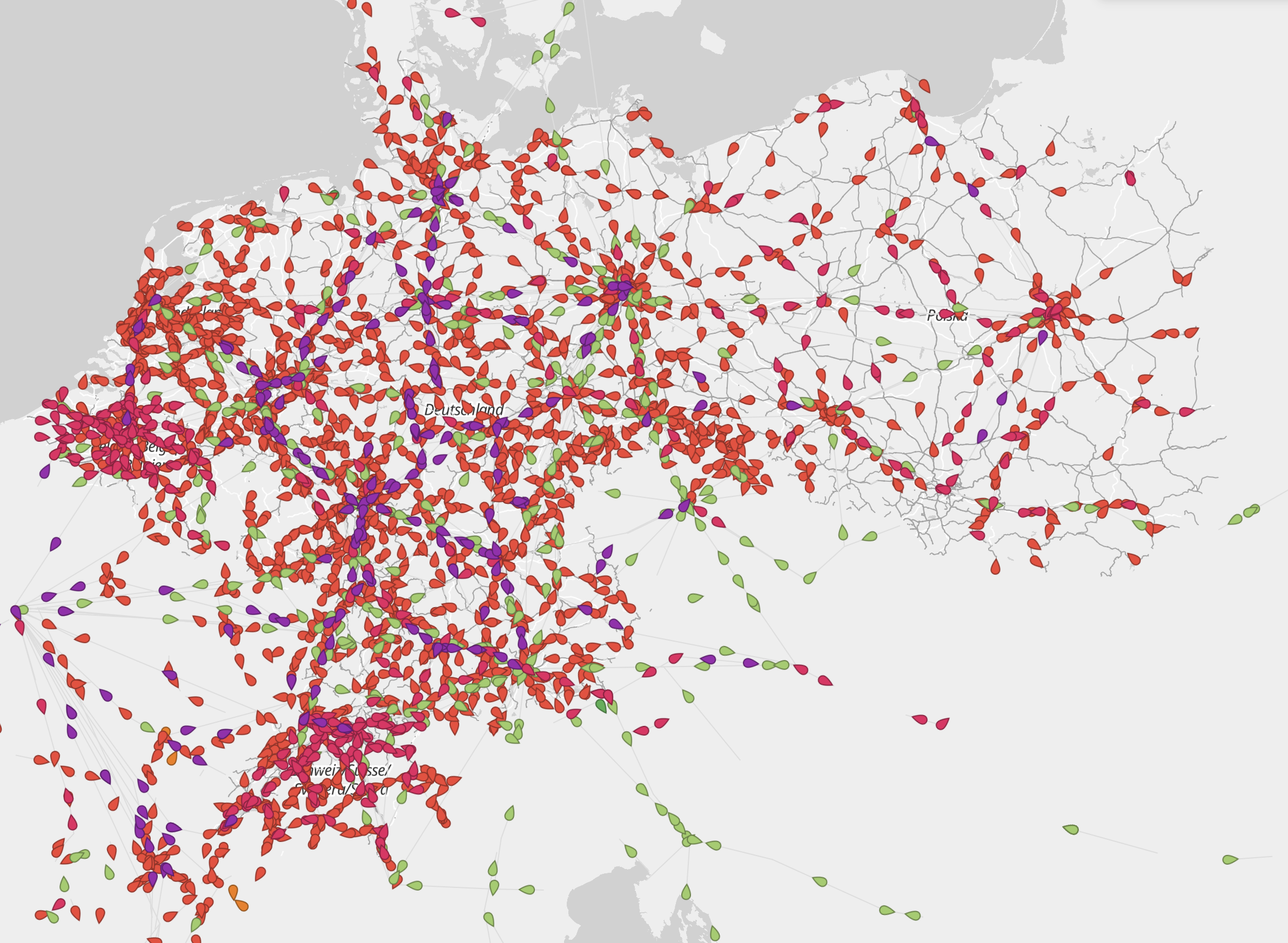 map of Europe with trains in Netherlands, Belgium, Switzerland, Poland, and Germany