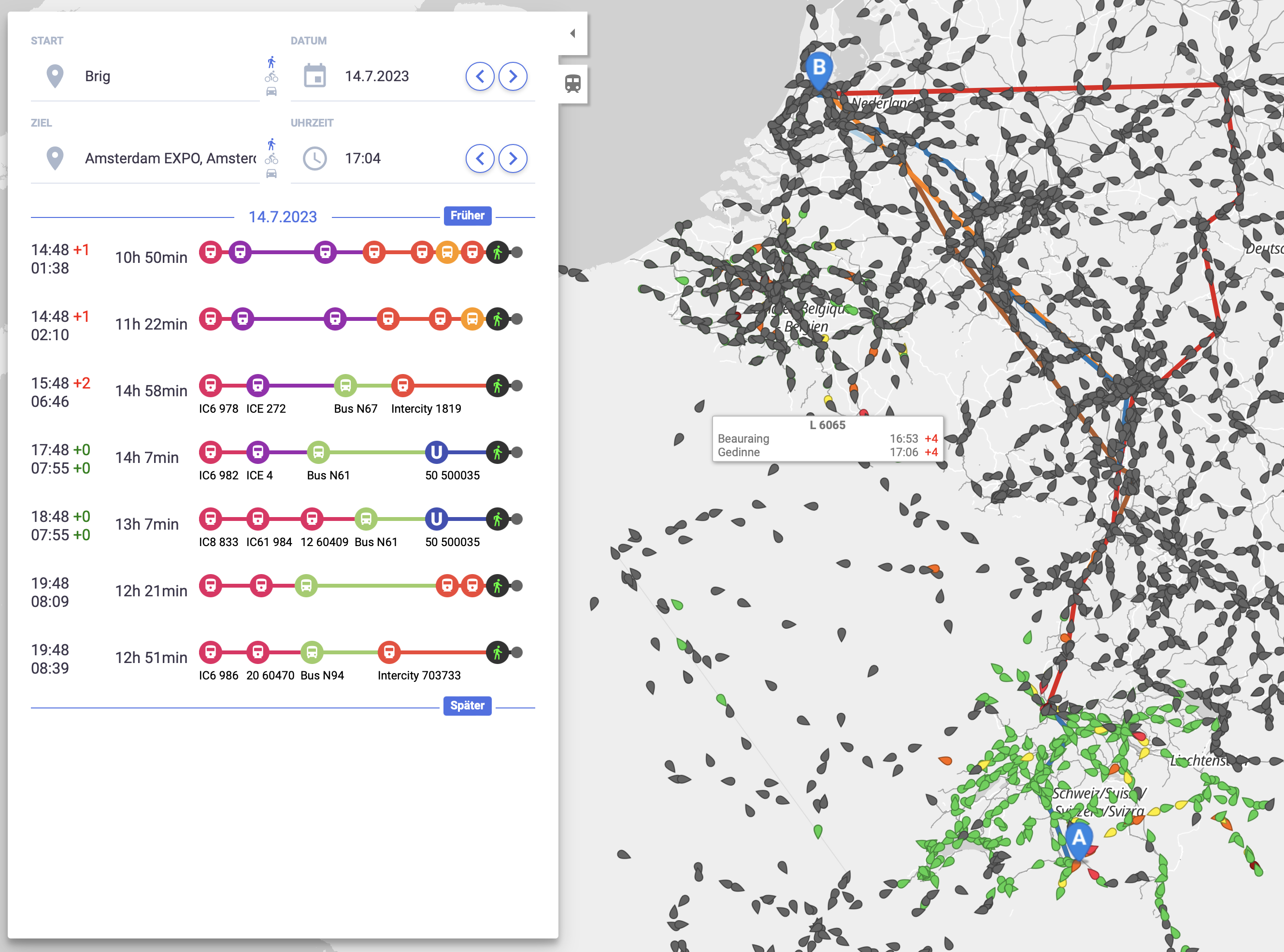 map of Europe with connections from Brig (CH) to Amsterdam